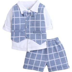 BUMZEE Boy's Cotton Checkered Full Sleeves Shirt Waistcoat & Short Set With Applique Bow