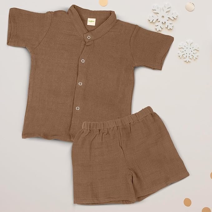 BAYBEE New Born Muslin Cotton Dress for Kids | Summer Clothing Set With Chinese Collar & Press Button | Shirt & Shorts Set for Baby Boy & Girl (Light Brown, 0-3 Months (XS))