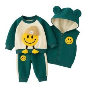 Bold N Elegant Kids Polyester Printed 3d Happy Smile Face Cartoon Winter Warm Hoodied Jacket Sweatshirt and Pajamas 3 Pc Layering Party Clothing Set