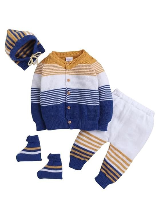 Little Angels Baby Sweater Set - 4 Pcs Woollen Full Sleeves V-Neck Color-Block Sweater, Pants, Cap & Socks for 0 to 12 Months