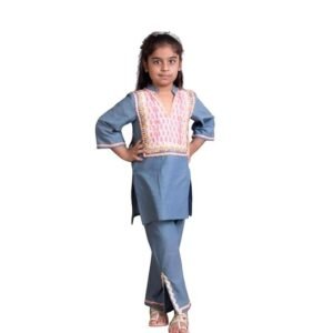 Denim Round Neck 3/4 Sleeves Solid Regular Denim Kurti with Pant For Baby Girls