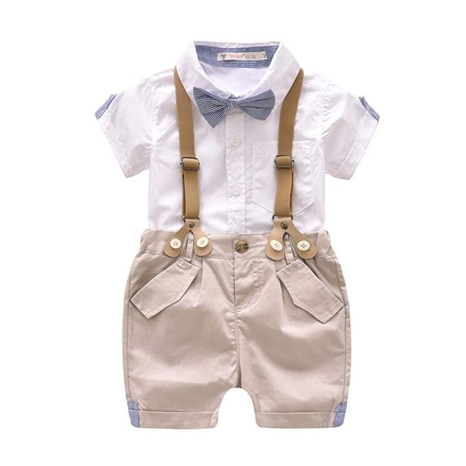 CosmicKolors® Stylish Gentleman Half Sleeves Shirt and Suspender Style Shorts Set | White Formal Clothing Set for Baby Boys