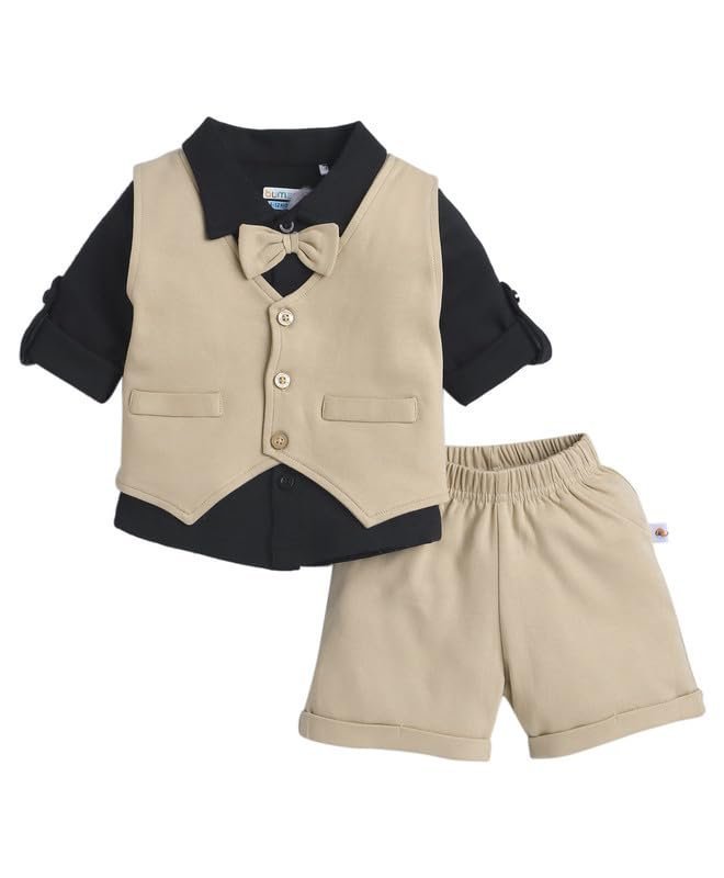 BUMZEE Boys Cotton Shirt Waistcoat & Short Set With Applique Bow