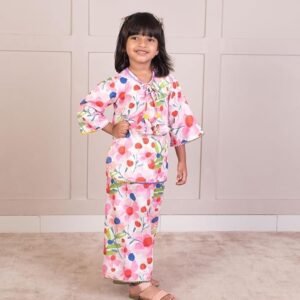 Cotton Round Neck Full Sleeves Regular Floral Printed Kurti with Pants For Baby Girls