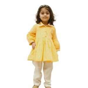 Cotton Round Neck Full Sleeves Printed Regular Bhandhej Peplum Kurti Set For Baby Girls