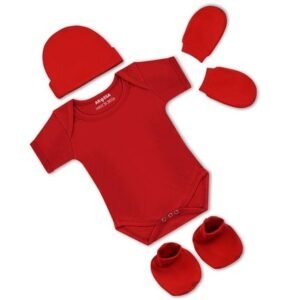 ARVESA Pack of 4 New born Baby Essentials – Cotton Romper, Cap, Booties and Mittens Set for Baby Boy & Girl 0-3 Months Red Biowash