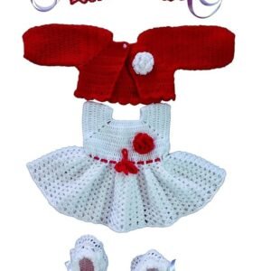 Baby Girl Dress Set for 6-12 Months - Woolen Frock with Shrug Headband and Shoes Combo, White Red, Handmade with Crochet