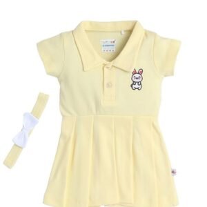 BUMZEE Baby Girls Cotton Half Sleeves Knee Length Frock With Headband