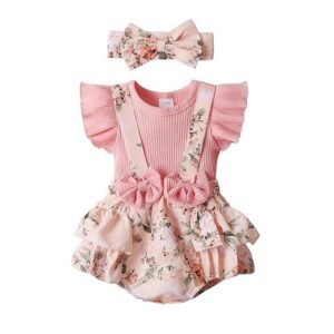 Newborn Baby Girl Clothes Infant Romper Floral Suspender Dress Ruffle Sleeve Onesie Outfit Jumpsuit Headband Spring Summer