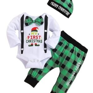 My First Christmas Baby Boy Outfits Long Sleeve Romper Striped Pants with Hat Christmas Infant Clothes Sets