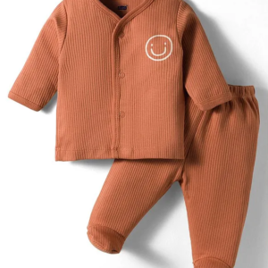 Simply Interlock Knit Full Sleeves Footed Night Suit With Smiley Print - Bronze