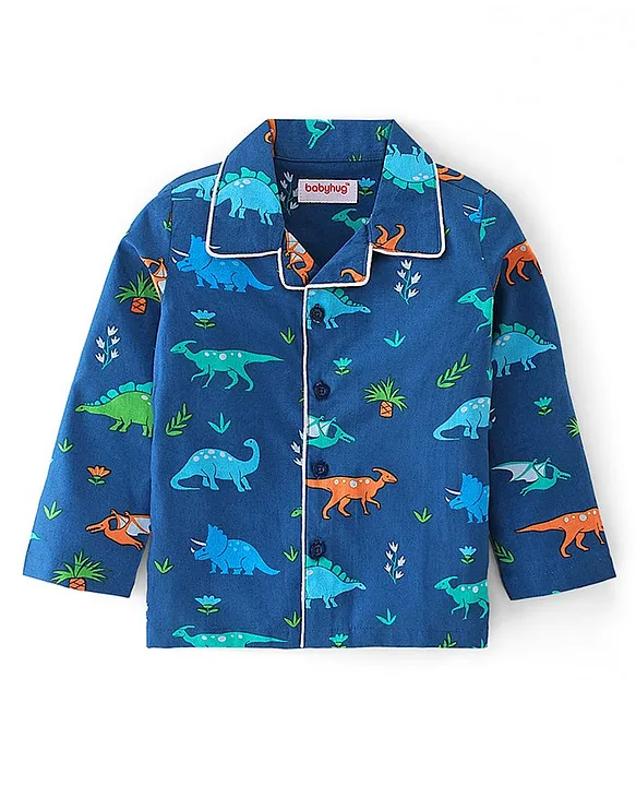 Babyhug Cotton Woven Full Sleeves Night Suit With Dino Print - Blue - Image 2