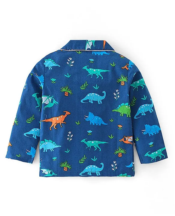 Babyhug Cotton Woven Full Sleeves Night Suit With Dino Print - Blue - Image 3