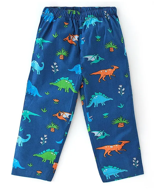 Babyhug Cotton Woven Full Sleeves Night Suit With Dino Print - Blue - Image 4