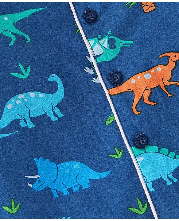 Babyhug Cotton Woven Full Sleeves Night Suit With Dino Print - Blue - Image 6