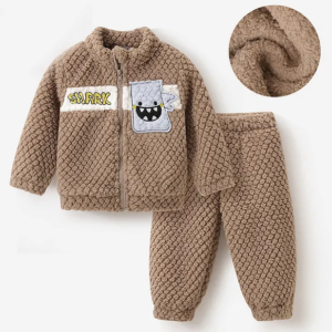 Mark & Mia Full Sleeves Winter Wear Fur Sweatjacket & Lounge Pant Set with Shark Patch Detailing - Light Brown
