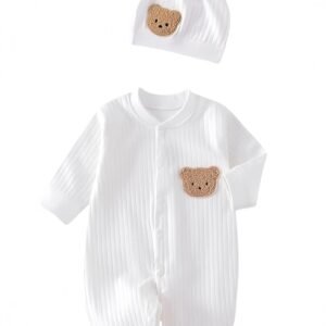 Baby Boys Girls Clothes with Hat, 100% Cotton Long Sleeve Ribbed Knit Button Infant Baby Romper Outfit