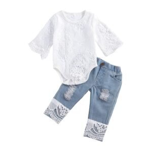 LYSINK Newborn Baby Girl Clothes Set Lace Hollow Out Long/Short Sleeve Romper and Ripped Patchwork Jeans Infant 2Pcs Outfits